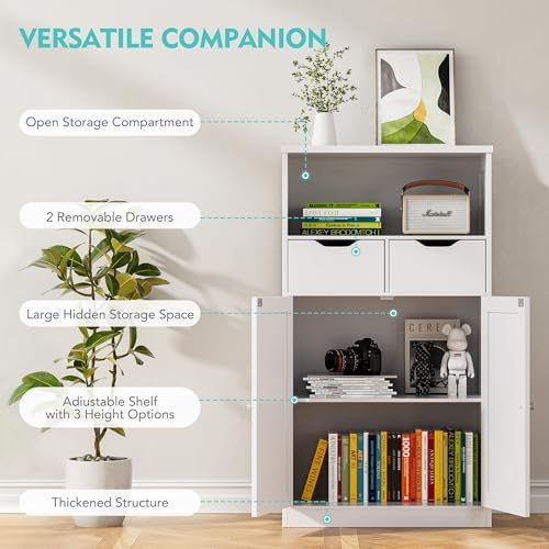 Vongrasig Bathroom Storage Cabinet, 42.5" H Freestanding Floor Cabinet | Wooden Modern Cabinet with 2 Drawers, Open Shelf and Adjustable Shelf for Bathroom, Laundry Room and Entryway, White