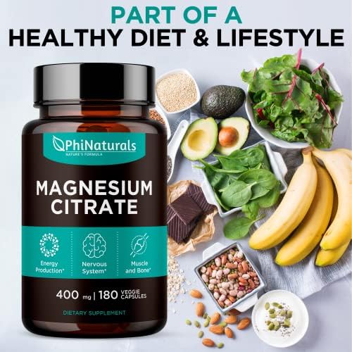 Magnesium Citrate Powder Capsules 400mg - 180 Count Veg Caps - PhiNaturals Supplements - Nervous System Support and Enzyme Function