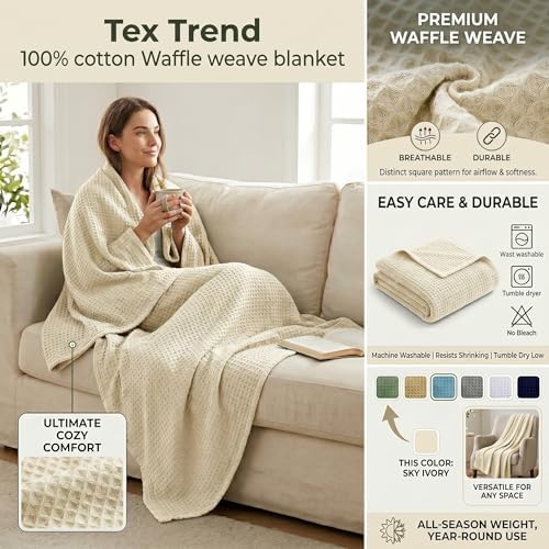 Tex Trend 100% Cotton Waffle Weave Blanket Queen Size - Soft, Breathable Cooling Blanket for Bed, Lightweight Cozy Summer & Spring Bedding, Grey, 90x90