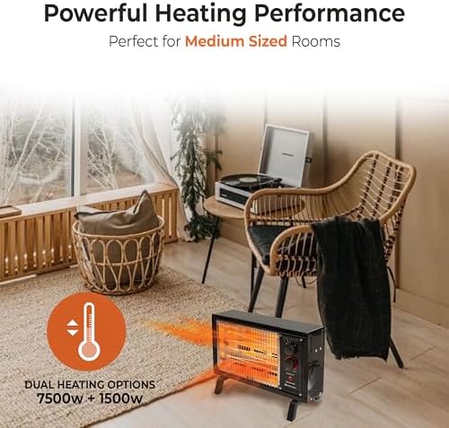 Comfort Zone Portable Indoor Radiant Space Heater, 1500 watts, Adjustable Thermostat, All Metal Body, Wire Element, Overheat Protection, Radiant Heat