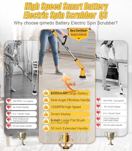 Qimedo Electric Spin Scrubber Q3, 6000mAh, Extra-Large Brush Head, 1200RPM | Floor Scrubber Machine with Long Handle, Cordless Cleaning Brush, 8 Brush Heads and Smart Display for Showers, Tubs and Tile