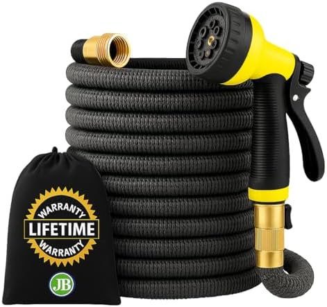 J&B XpandaHose 75ft Expandable Garden Hose, Lightweight, Brass Connectors | Ultra Strong 3750D fabric, 4-layer latex core, expands 3X, kink & leak-resistant, 10-pattern nozzle, storage bag