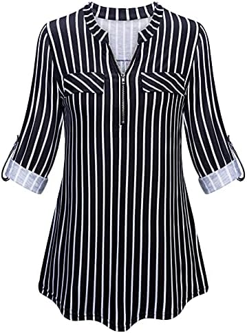 Tanst Sky Womens Casual Long Sleeve Zipped V Neck Plaid Tunic Blouses