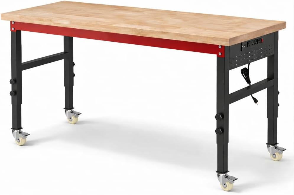 60" Heavy Duty Workbench, 2500 LBS Load Capacity Work Bench with 1.2" Laminated Oak Wood Top & Reinforced Steel Frame, Adjustable Height Work Table for Garage, Workshop, Office, Home (Casters)