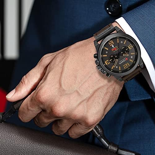 FANMIS Mens Classic Analog Quartz Chronograph Sandwich Dial Leather Watch