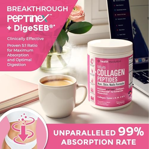 Multi Collagen Peptides Powder – Types I, II, III, V, X, Hydrolyzed Collagen for Women, 99% Absorption, Skin Hair Nails Joints