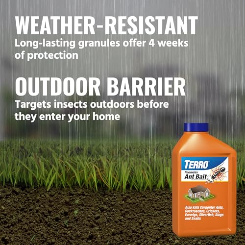 TERRO Perimeter Outdoor Ant Bait Plus, 2-Pack, 2 lb Shaker Canisters | Attracts and Kills Carpenter Ants, Roaches, Crickets, Earwigs, Silverfish, Slugs & Snails for Pest Control, 4-Week Protection