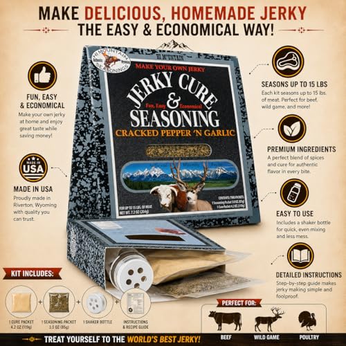 Hi Mountain CRACKED PEPPER 'N GARLIC BLEND Jerky Seasoning and Cure Kit | Bold pepper and garlic flavor, jerky seasoning for beef, deer, elk