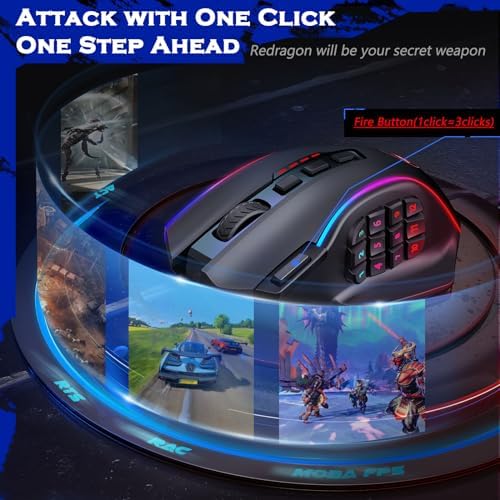 Redragon Gaming Mouse, MMO Mouse Gaming UP 12400 DPI, 19 Macro Programmable Buttons, RGB Mouse with 12 Side Buttons, 8 * 2.4g Weight Tuning for PC Laptop MOBA FPS, M901K, Black