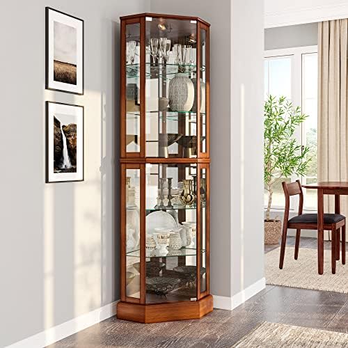 BELLEZE Lighted Corner Display Curio Cabinet Wooden Curved Shelving Unit with Tempered Glass Door