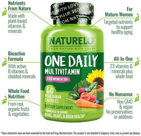 NATURELO One Daily Multivitamin for Women 50+ (Iron Free) - Menopause Support for Women Over 50 - Whole Food Supplement - Non-GMO - No Soy - 60 Capsules - 2 Month Supply | Energy Support, Whole Food Daily Women Multivitamin Supplement, Nourish Hair/Skin/…