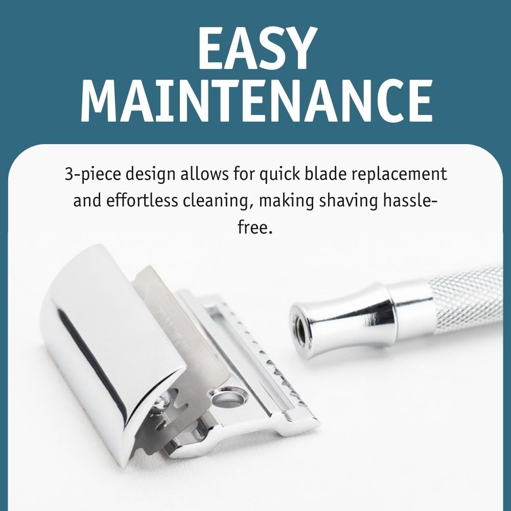MERKUR 23C Double Edge Safety Razor - Polished Chrome, Long Knurled Brass Handle, Made in Germany, Plastic-Free, Three Piece Design, Closed Comb, Straight Bar