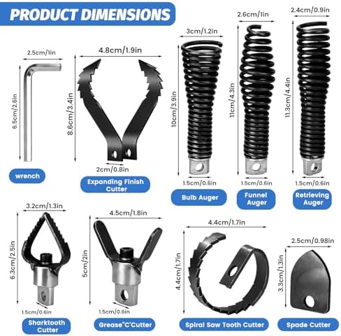 9-Piece Drain Snake Drill Attachment Kit, Drain Auger Replacement Heads with Hex Wrench for 5/16in-3/4in Cable, Fits 50ft-100ft Machines