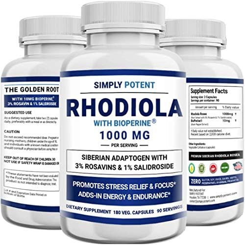 Simply Potent Siberian Rhodiola Rosea Capsules, Max Absorption Rhodiola 1000mg 180 Pills with 10mg Bioperine