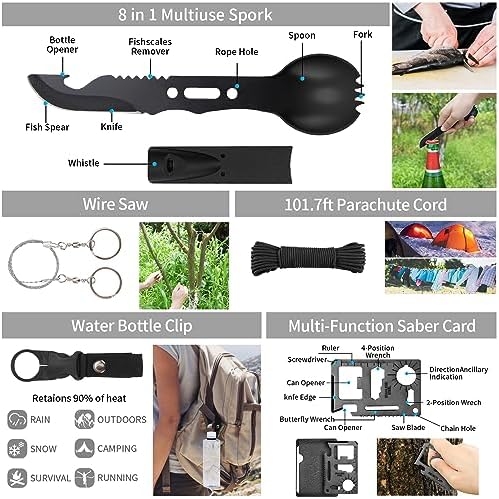 Emergency Survival Kit and First Aid Kit, Camping First Aid Survival Kit with Molle Pouch for Preparedness Outdoor Adventure, Black
