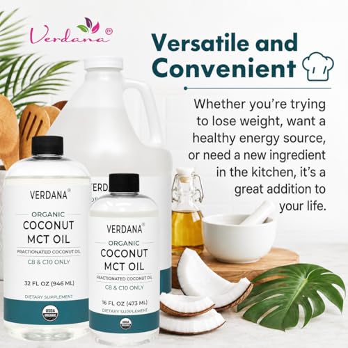 Verdana USDA Certified Organic Coconut MCT Oil –Fractionated Coconut Oil – No Palm Kernel Used – Kosher, Food Grade