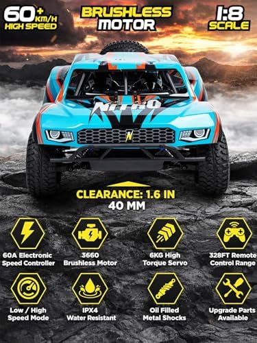 1/8 Scale Brushless RC Cars for Adults，Max 40mph Electric Off-Road Monster Truck