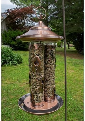 Triple Tube Deluxe Bird Feeder, Metal and Plastic Construction, Warm Copper Finish, 9 Feeding Ports with Perches, Hanging Cable System