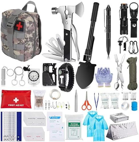 Survival Kit, 125Pcs Emergency Survival Gear Tactical with First Aid Kit Supplies Multifunctional Axe, Emergency Shelter for Outdoor, Camping, Hiking