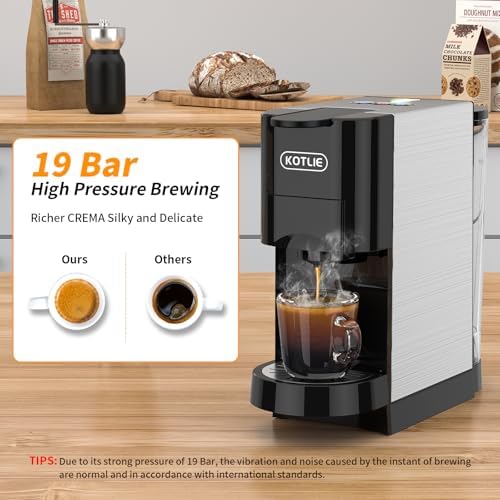 KOTLIE 19Bar Pressure Single Serve Coffee Maker, Multifunctional 5in1 Coffee Machine for NES* Original/Dolce Gusto/K cup/Ground Coffee/illy 44mm ESE