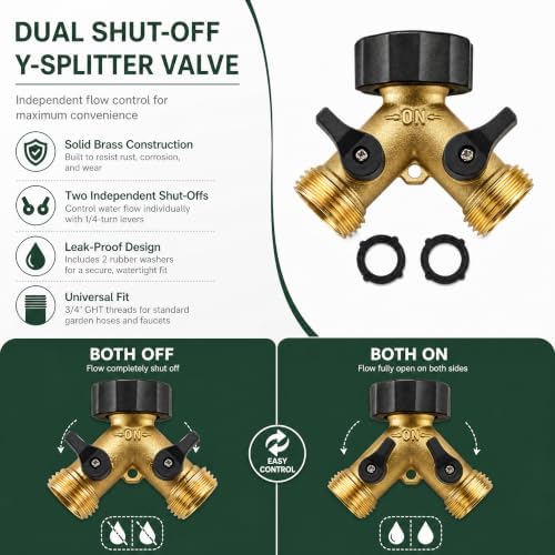 Xiny Tool Hose Splitter, Garden Hose Splitter Heavy Duty 2 Way, Solid Brass Water Hose Y Splitter 2 Valves with 2 Extra Rubber Washers