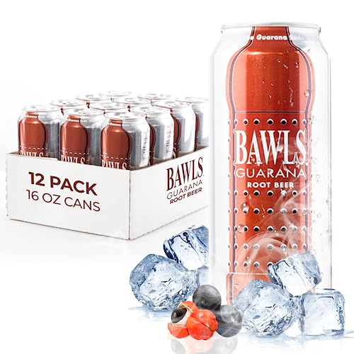 BAWLS Guarana Root Beer - Guarana Fueled Soda for Energy, High Caffeinated Drink, 12 Pack 16oz Cans