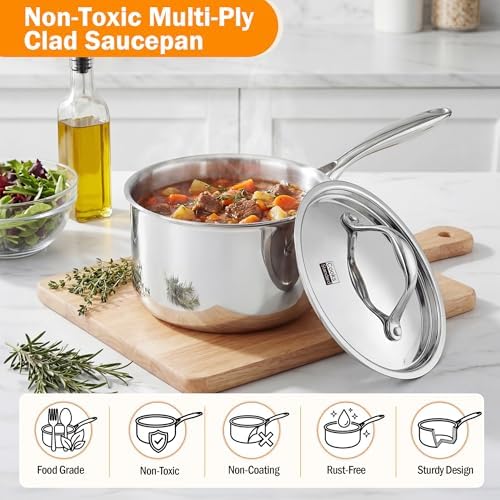 Cooks Standard Multi-Ply Clad 1.5 Quart Stainless Steel Saucepan with Lid, Small Kitchen Induction Cooking Sauce Pot Pan, Dishwasher & Oven Safe, Compatible with All Cooktops