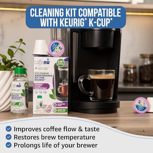 Caffenu Keurig Compatible Descaling Solution and Cleaning Pods Kit, 4 Uses | Descaler & Cleaner for Keurig