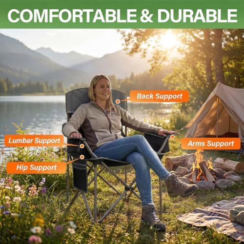 Oversized Camping Chairs 2 Pack - Heavy Duty 400LBS Padded Lawn Chair with Cooler Bag,Cup Holder,Side Pocket,Collapsible for Outdoor,Camp,Fishing & Garden,Dark Green