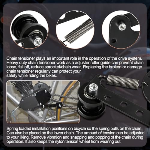 Spring Loaded Chain Tensioner, 2 Stroke Motorized Bicycle Chain Guide | Adjustable guide wheel in black. Fits 49cc, 66cc