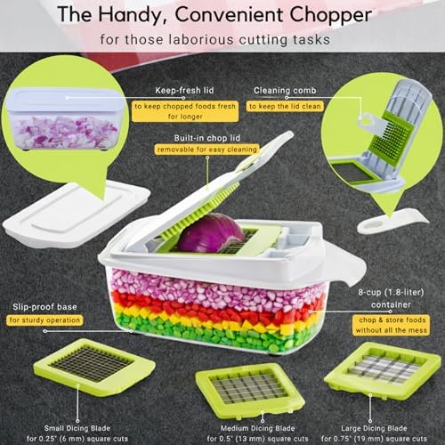 Brieftons QuickPush Manual Vegetable Chopper: 8-Cup Push-Down Onion Dicer & Food Chopper, 3 German Steel Blades