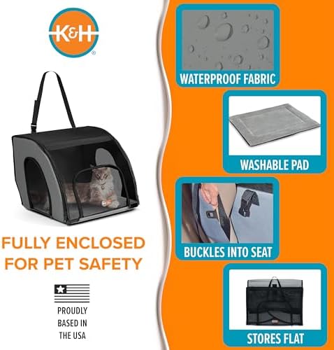 K&H Dog Car Seat, Travel Safety Carrier for Pets, Medium, Gray/Black | Enclosed Car Seat for Dogs, Soft-Sided Covered Pet Carrier, Washable Pad, Multiple Entrances, Mesh Windows, 24x19x17in