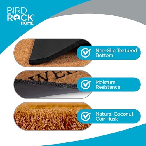 BIRDROCK HOME Welcome Coir Doormat with Scroll Border | 18 x 30 Inch | Standard Welcome Mat with Black Decorative Border | Natural Fade | Vinyl