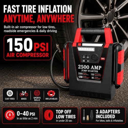 2500A Peak Car Jump Starter with 150PSI Air Compressor, 12V Battery Jump Box for Car, Truck, SUV (Up to 8.0L Gas/Diesel Engines)