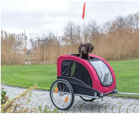TRIXIE Medium Dog Bike Trailer - Foldable Pet Bicycle Trailer for Dogs up to 48lbs – Features Quick Fastening Wheels, 2 Doors, Safety Leash & Waterproof Carrier - 50 x 25 x 26.5in - Black/Red