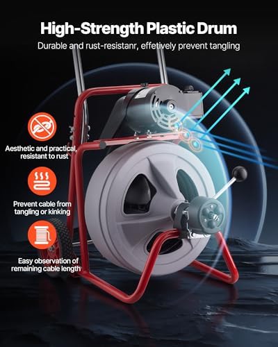 VEVOR Drain Cleaner Machine 100 FT x 1/2 Inch, Auto Feed Sewer Snake Drain Auger on Wheels, Portable Drain Cleaning Machine with 8 Cutters & Air-Activated Foot Switch for 2" to 6" Pipes