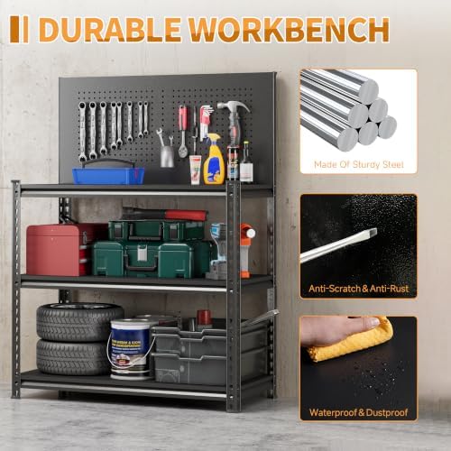 32" H Metal Garage Workbench with Wheels,3-Tier Garage Roling Tool Work Bench,Adjustable Heavy Duty Work Table on Wheels,Black Mobile Garage Workstation for Warehouse Workshop,Screwless Design