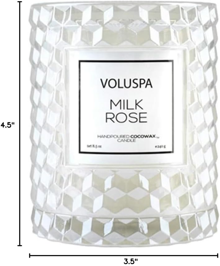Voluspa Milk Rose, Cloche Textured Glass Candle, 8.5 Ounce, 55 Hour Burn Time, Coconut Wax for Clean Burning, Handcrafted in the USA