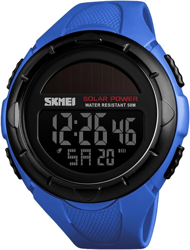 MASTOP Solar Powered Energy Watch for Men Military Digital Multifunctional Led Luminous Indication 2 Time Zone 50m Waterproof Watch Reloj Solar para Hombre
