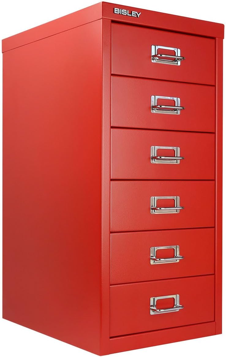 5-Drawer Steel MultiDrawer Cabinet - Orange, by Bisley | Chrome Pull Handles with Label Holders, Powder-Coated Steel, Removable Drawers, Desktop Storage, Labels Included