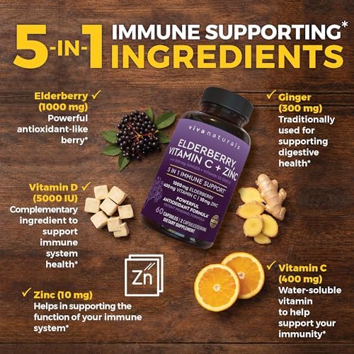 Viva Naturals Elderberry with Vitamin C and Zinc for Adults - 5 in 1 Sambucus Black Elderberry Capsules with Vitamin D3 5000 IU Immunity Supplement
