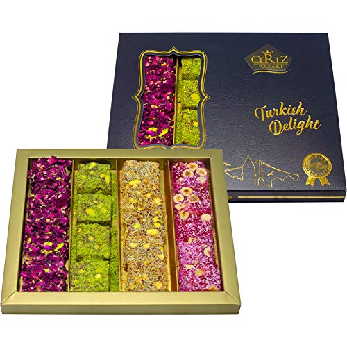 Cerez Pazari Turkish Delight Pistachio with Fantastic Rose & Pomegranate Flavour Experience in Luxury Gift Box 8.8 oz | Assorted Gourmet Soft Candy, Sweet Vegan Traditional Lokum (Loukoumi) (9-11 Pcs)
