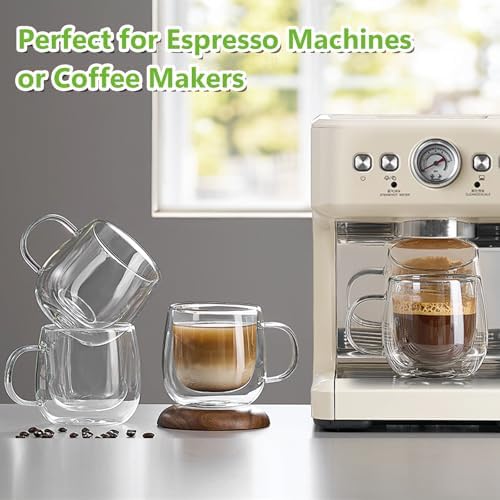4 Pack Double Walled Glass Coffee Mugs, 16 oz Large Insulated Clear Coffee Cups with Handle, Cappuccino Mug for Espresso, Latte, Americano, Tea Bag
