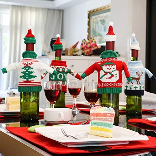 Vpang Christmas Bottle Cover Bag Knitted Wine Bottle Sweaters Cover Dress with Hat Set of 4