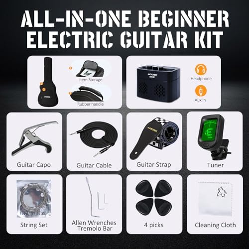 AODSK Electric Guitar with Amp Beginner Kit 39 Inch Solid Body Full Size, All Accessories, Digital Tuner, Six Strings, Four Picks, Tremolo Bar, Strap