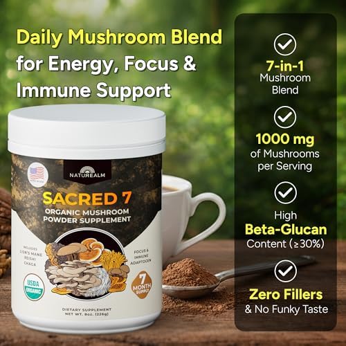 Sacred 7 Brain Mushroom Powder, Organic 7-in-1 Blend 226 Servings | Seven fruiting body extracts, lions mane cordyceps reishi, stirs into coffee or smoothies, 1000 mg scoop