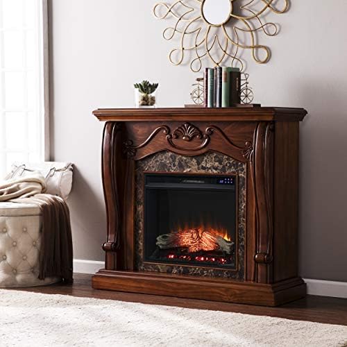 SEI Furniture Cardona Carved Wood & Faux Marble Electric Fireplace, New Walnut
