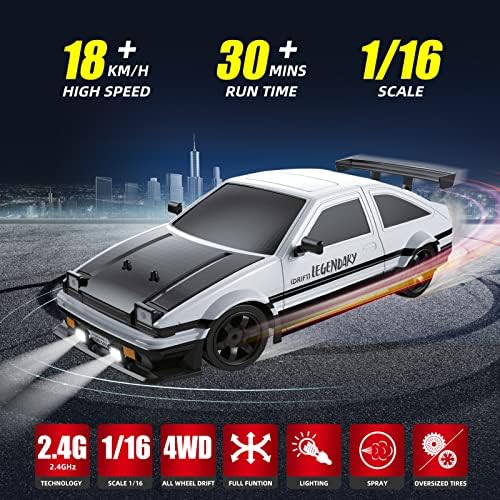 RC Drift Car 2.4GHz 1:16 Scale 4WD High Speed Remote Control Cars Vehicle with LED Lights Two Batteries and Drifting Tires Racing Sport Toy Cars for