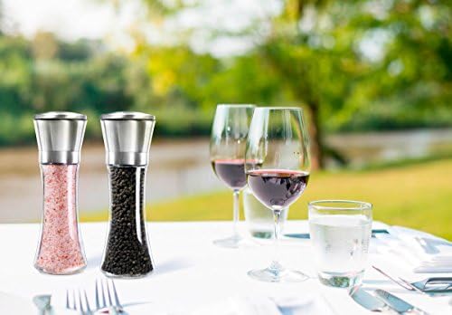 Levav Premium Salt and Pepper Grinder Set of 2- Brushed Stainless Steel Pepper Mill and Salt Mil, Glass Body