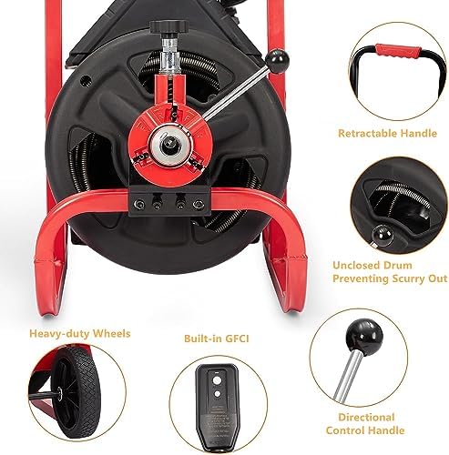 Drain Cleaner Machine - 100Ft x 3/8 Inch, Auto-feed Electric Drain Auger for Plumbing with 6 Cutters, Glove